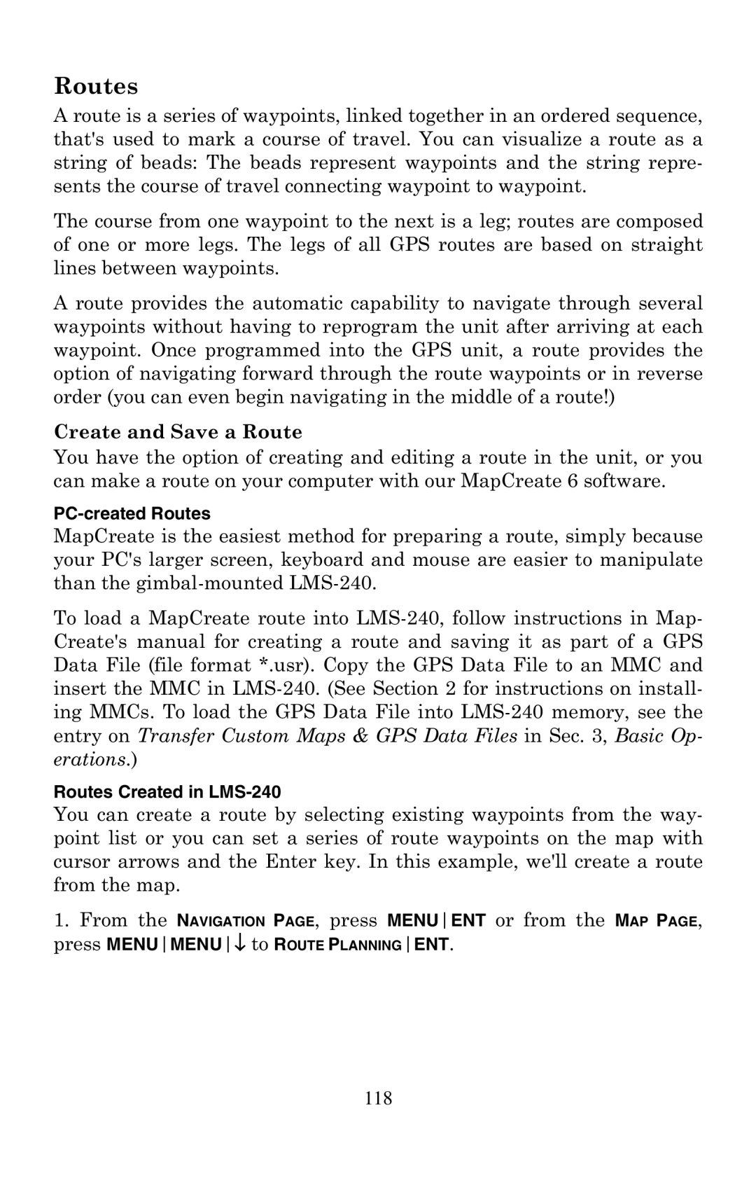 Lowrance electronic LMS-240 manual 5RXWHV, UHDWHDQG6DYHD5RXWH, SUHVVMENUMENU↓WRROUTE Planningent, 118 