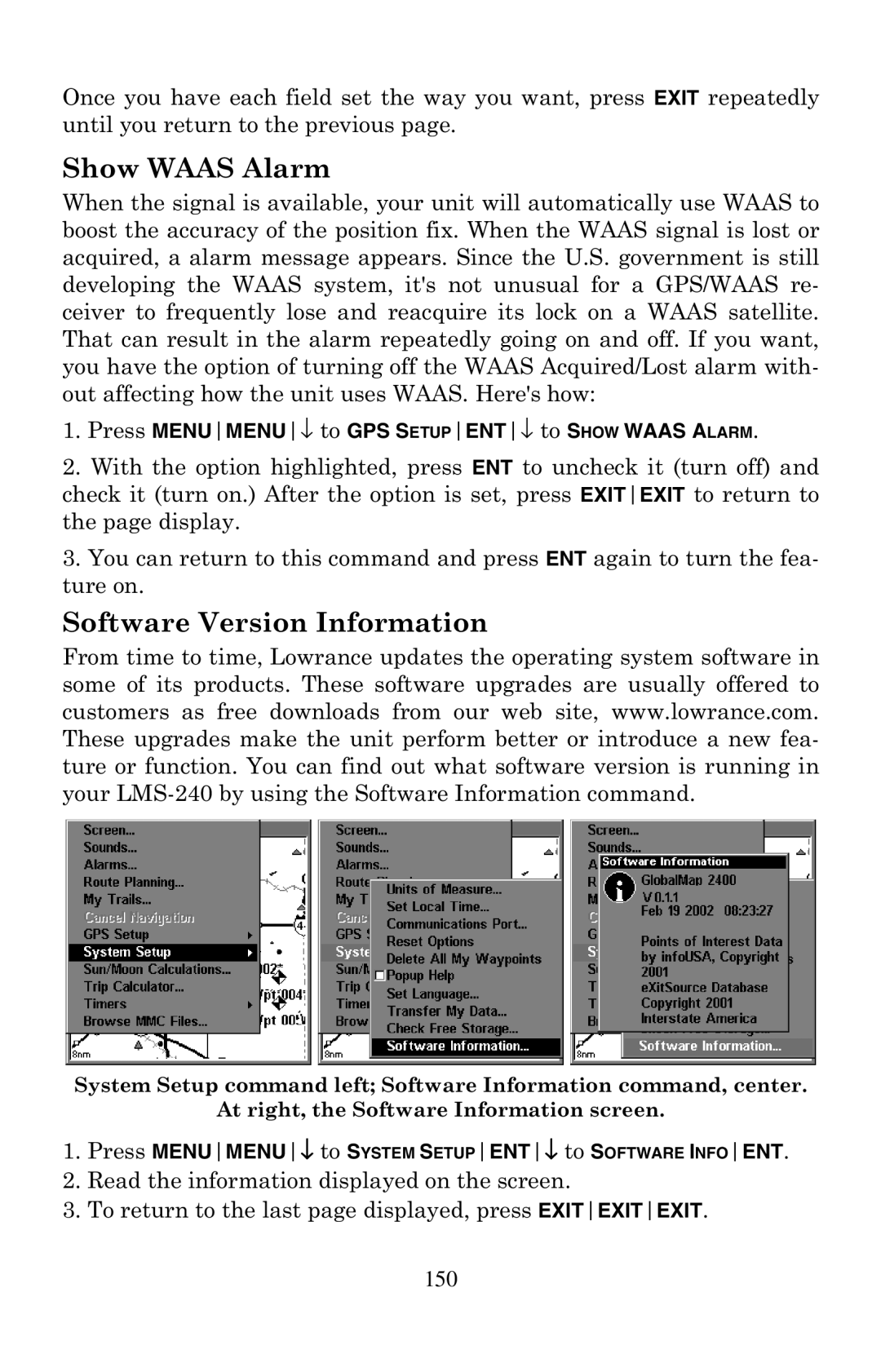 Lowrance electronic LMS-240 manual 6RIWZDUH9HUVLRQ,QIRUPDWLRQ, 5HDGWKHLQIRUPDWLRQGLVSOD\HGRQWKHVFUHHQ, 150 