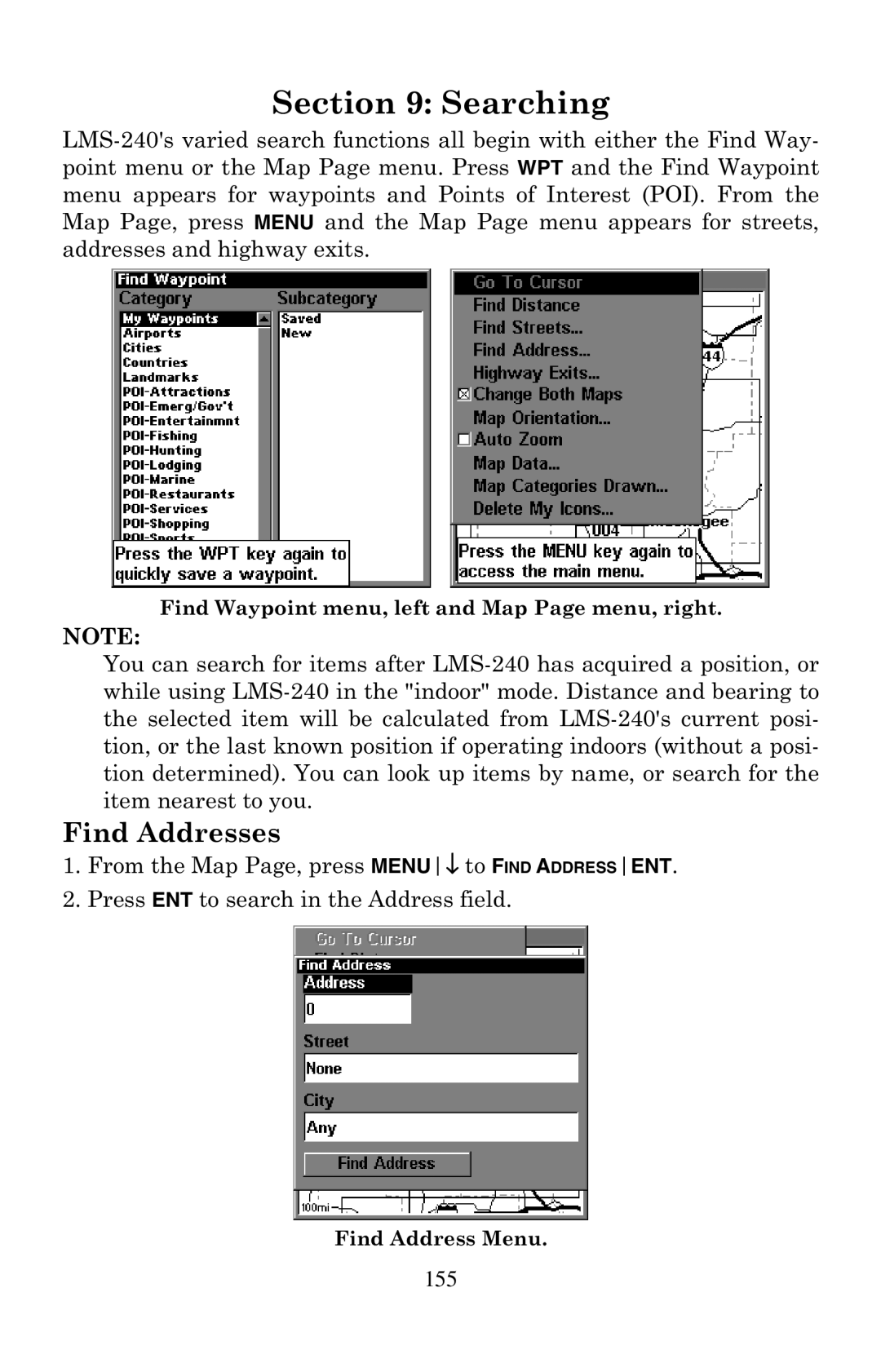 Lowrance electronic LMS-240 manual Lqg$Gguhvvhv, 155, LQGD\SRLQWPHQXOHIWDQG0DS3DJHPHQXULJKW, LQG$GGUHVV0HQX 