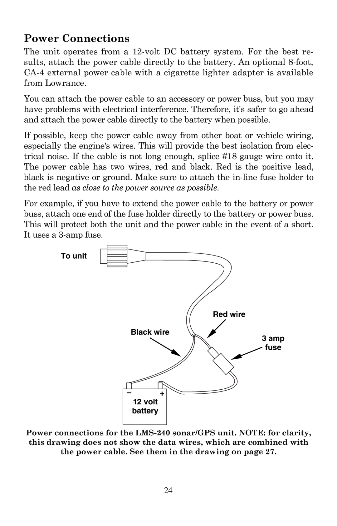 Lowrance electronic LMS-240 manual 3RZHU&RQQHFWLRQV, To unit Red wire Black wire Amp Fuse Volt battery 