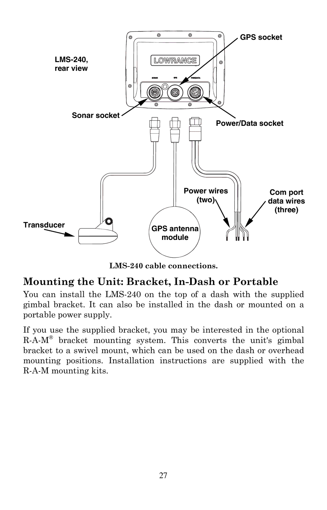 Lowrance electronic LMS-240 manual Com port, Two, Transducer GPS antenna Module, 06FDEOHFRQQHFWLRQV 