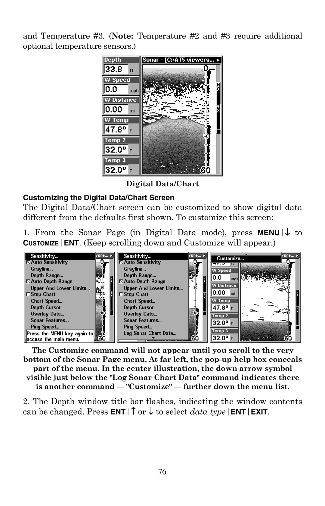 Lowrance electronic LMS-240 manual Ljlwdodwd&Kduw, Customizing the Digital Data/Chart Screen 