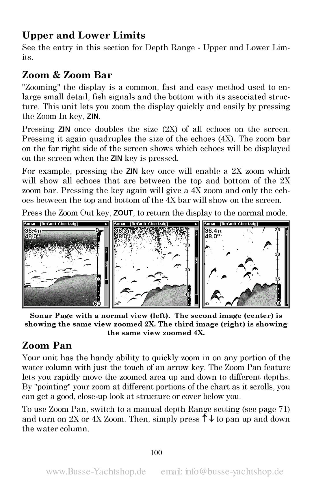 Lowrance electronic LMS-520C, LMS-525C DF manual Upper and Lower Limits, Zoom & Zoom Bar, Zoom Pan, 100 