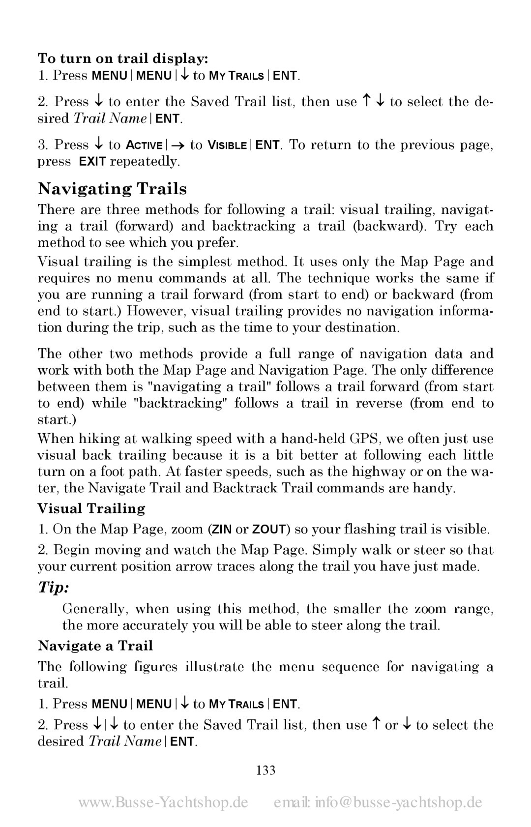 Lowrance electronic LMS-525C DF manual Navigating Trails, To turn on trail display, Visual Trailing, Navigate a Trail, 133 