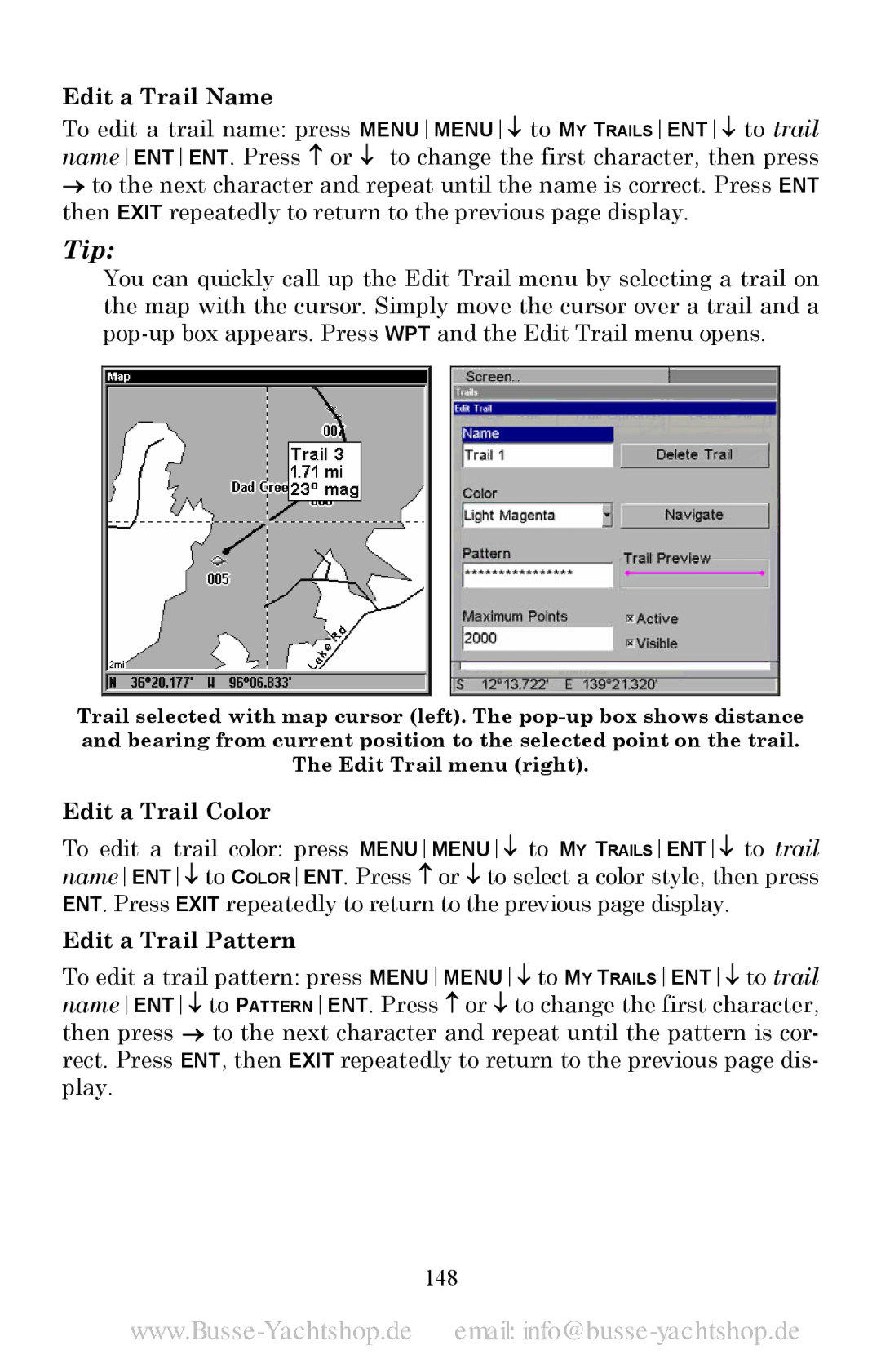 Lowrance electronic LMS-520C, LMS-525C DF manual Edit a Trail Name, Edit a Trail Color, Edit a Trail Pattern, 148 