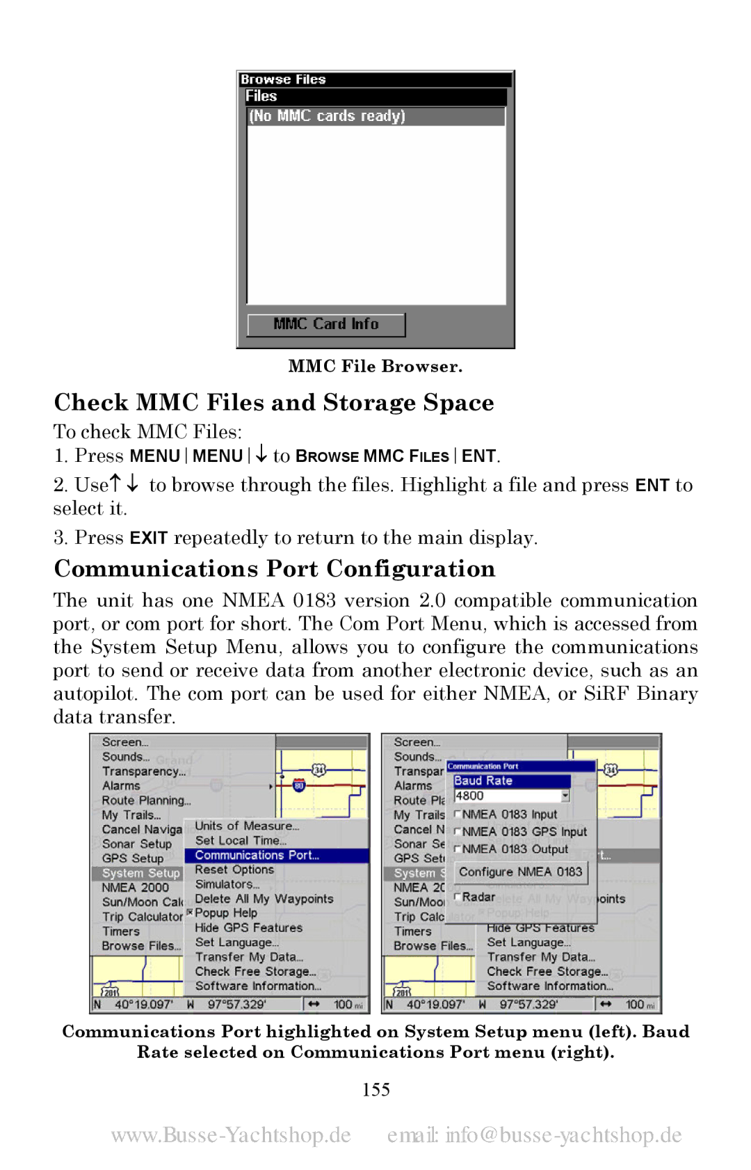 Lowrance electronic LMS-525C DF, LMS-520C manual Check MMC Files and Storage Space, Communications Port Configuration, 155 