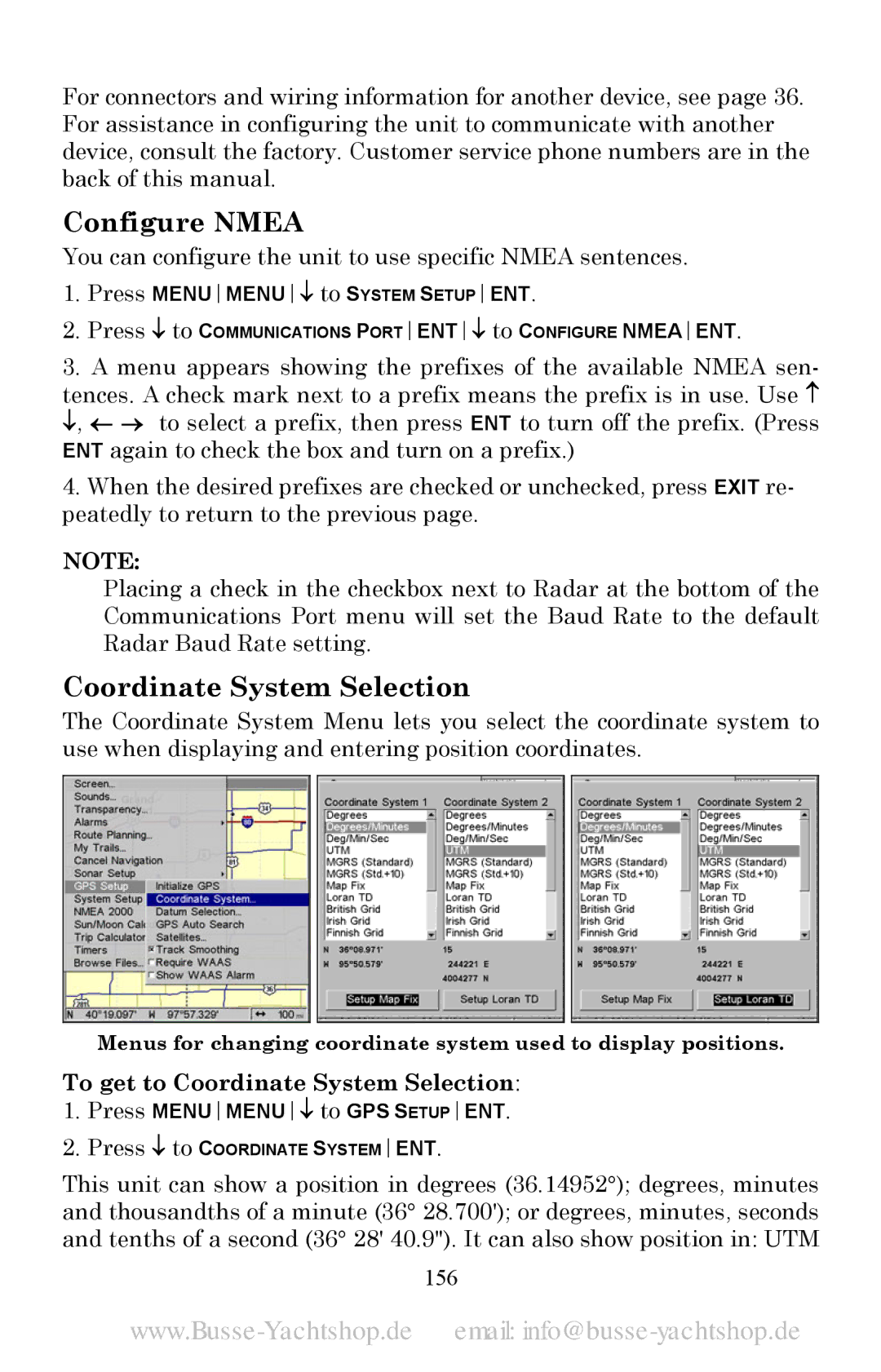 Lowrance electronic LMS-520C, LMS-525C DF manual Configure Nmea, To get to Coordinate System Selection, 156 