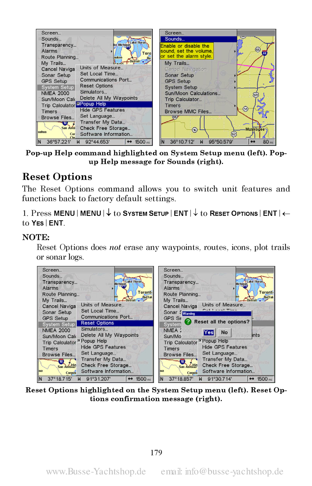 Lowrance electronic LMS-525C DF, LMS-520C manual Reset Options, 179 