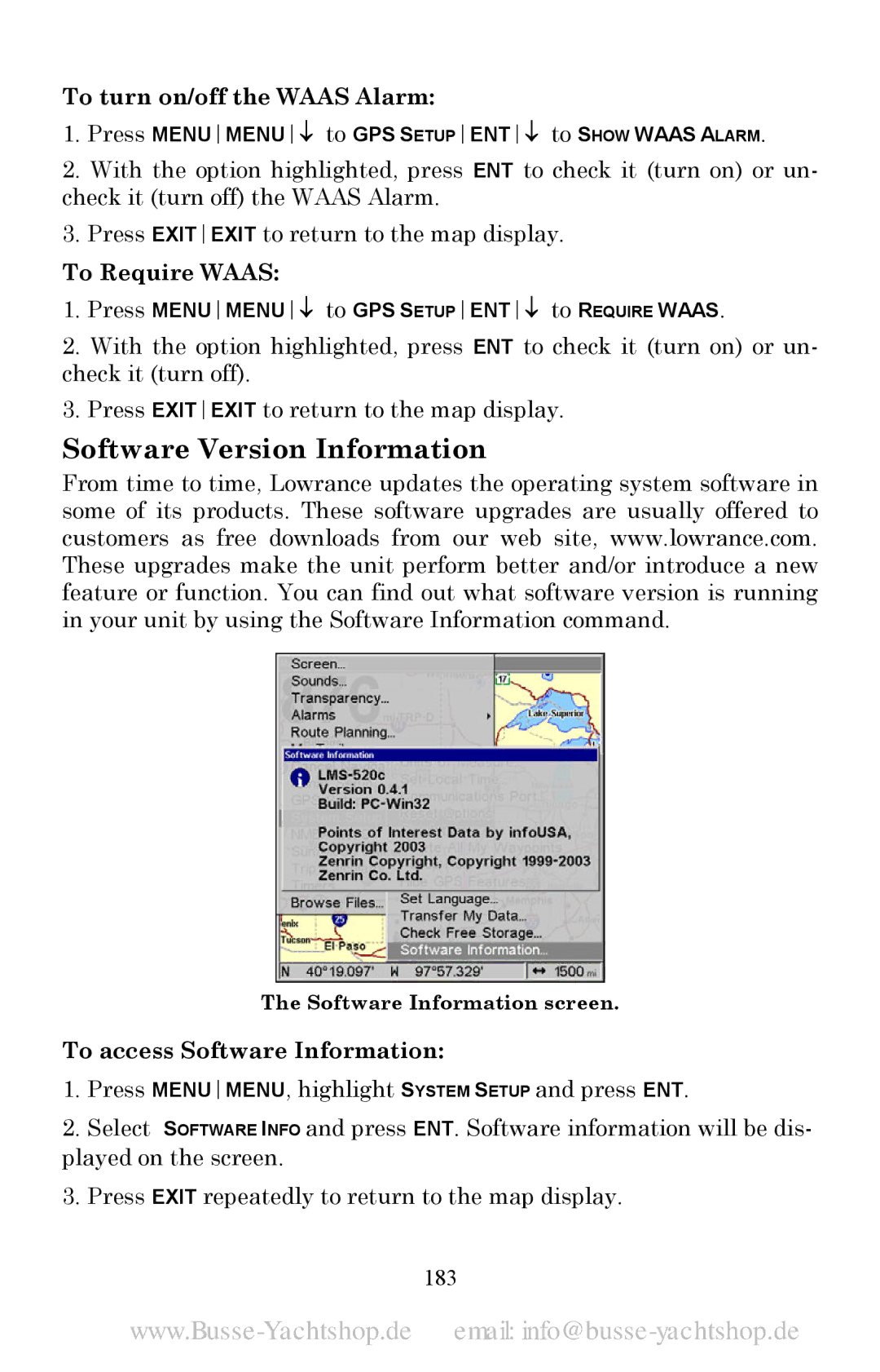 Lowrance electronic LMS-525C DF manual Software Version Information, To turn on/off the Waas Alarm, To Require Waas, 183 