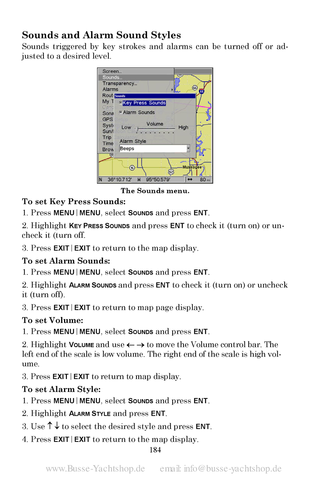 Lowrance electronic LMS-520C Sounds and Alarm Sound Styles, To set Key Press Sounds, To set Alarm Sounds, To set Volume 