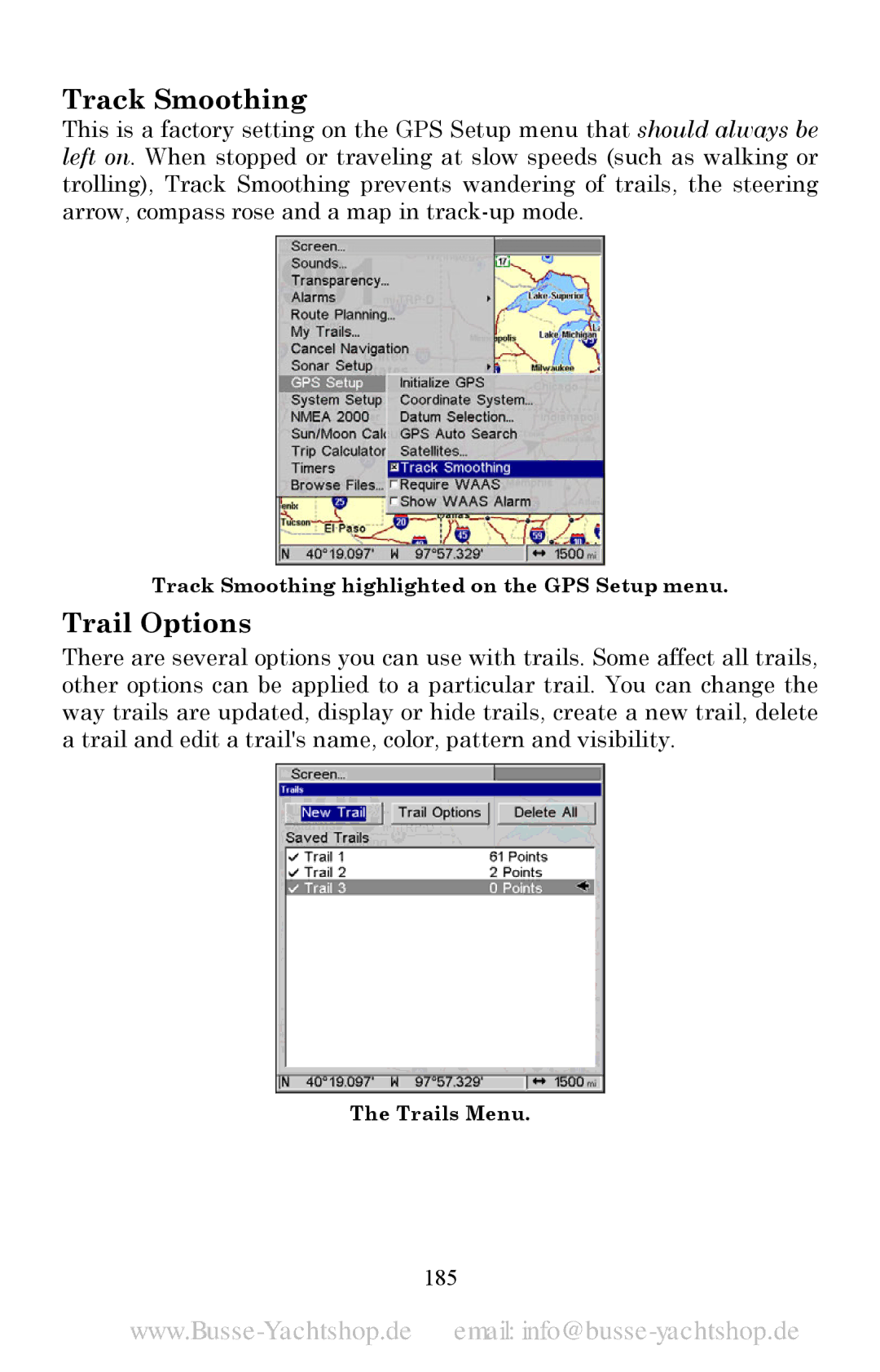 Lowrance electronic LMS-525C DF, LMS-520C manual Track Smoothing, Trail Options, 185 