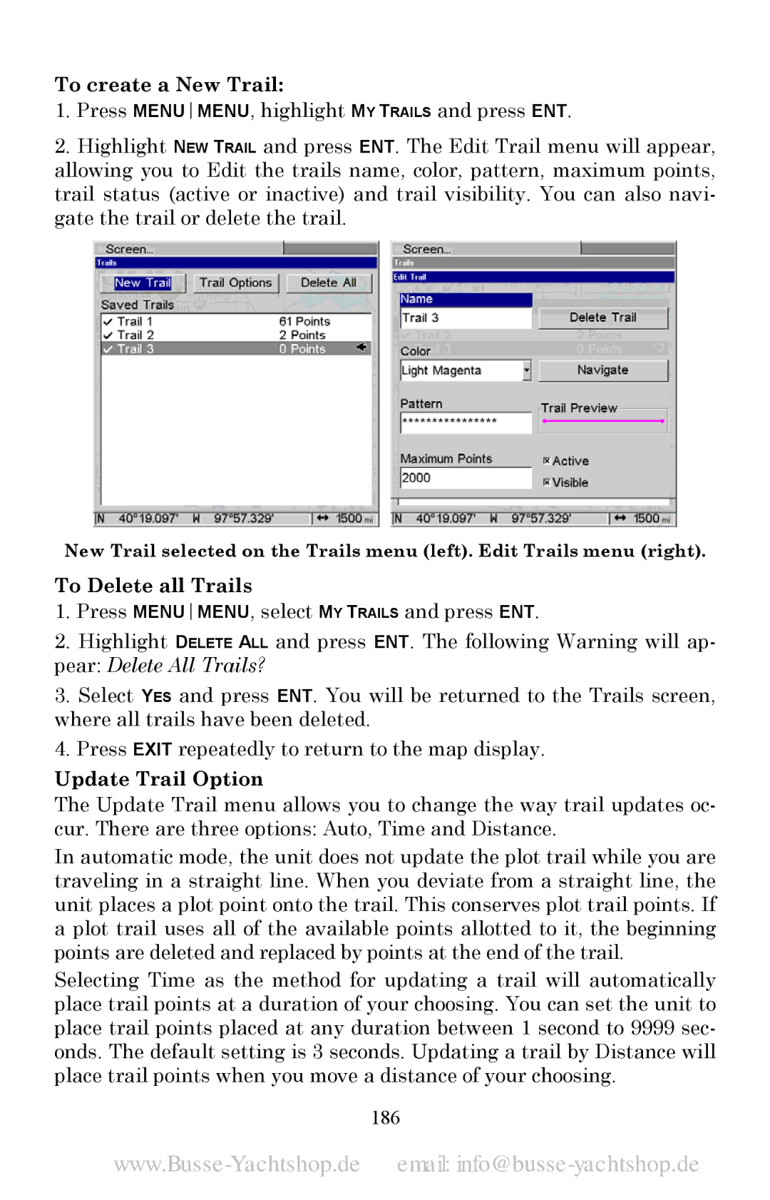 Lowrance electronic LMS-520C, LMS-525C DF manual To create a New Trail, To Delete all Trails, Update Trail Option, 186 