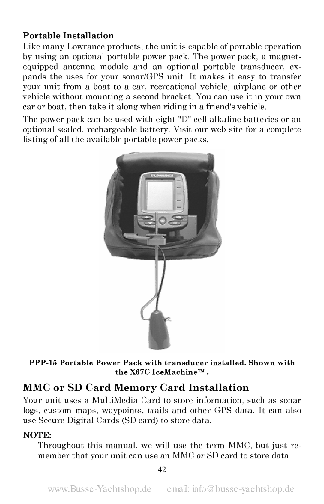 Lowrance electronic LMS-520C, LMS-525C DF manual MMC or SD Card Memory Card Installation, Portable Installation 