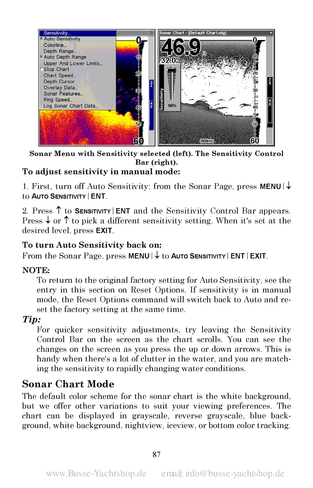 Lowrance electronic LMS-525C DF Sonar Chart Mode, To adjust sensitivity in manual mode, To turn Auto Sensitivity back on 