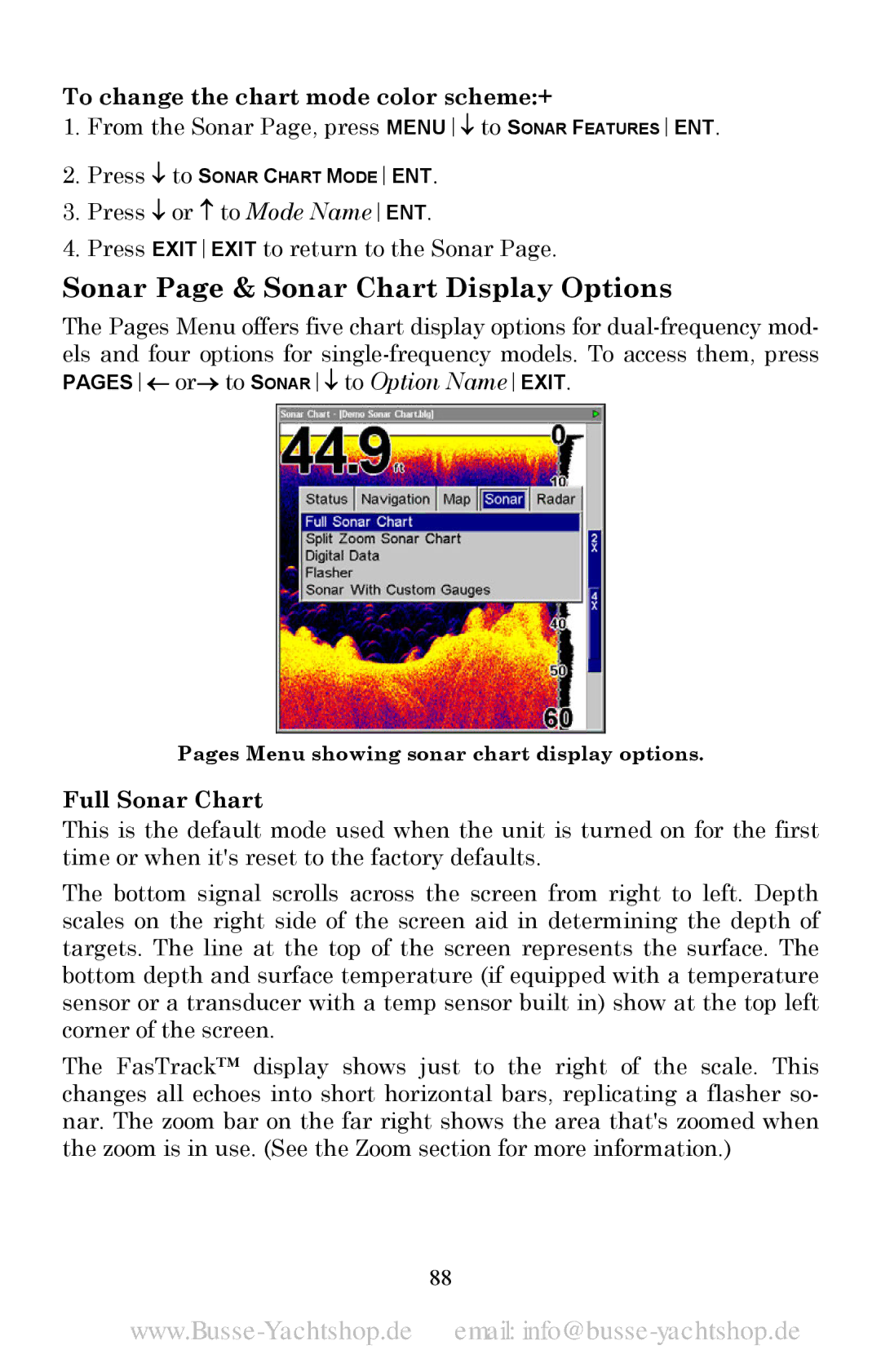 Lowrance electronic LMS-520C, LMS-525C DF Sonar Page & Sonar Chart Display Options, To change the chart mode color scheme+ 