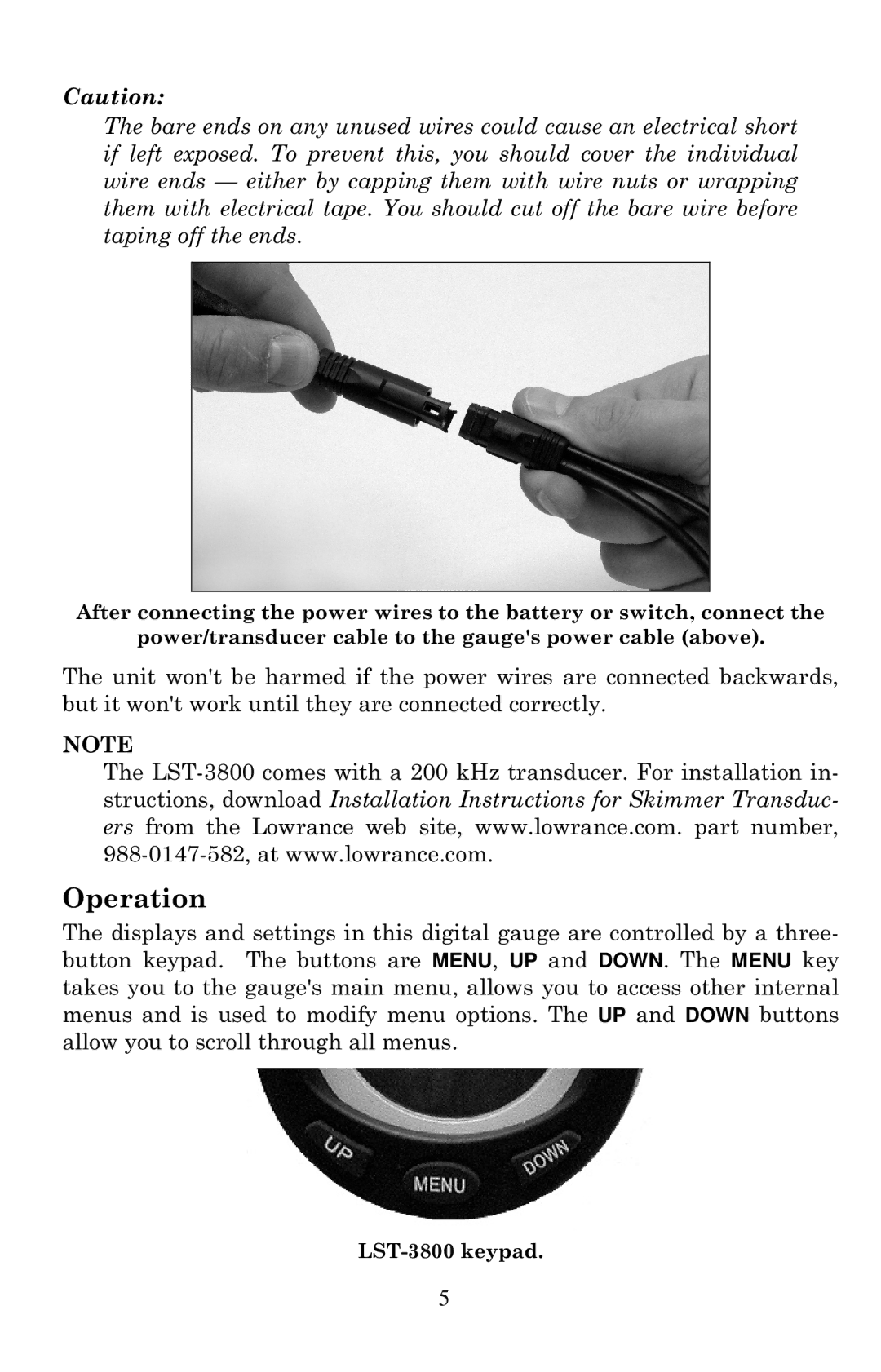 Lowrance electronic LST-3800 dimensions Operation 