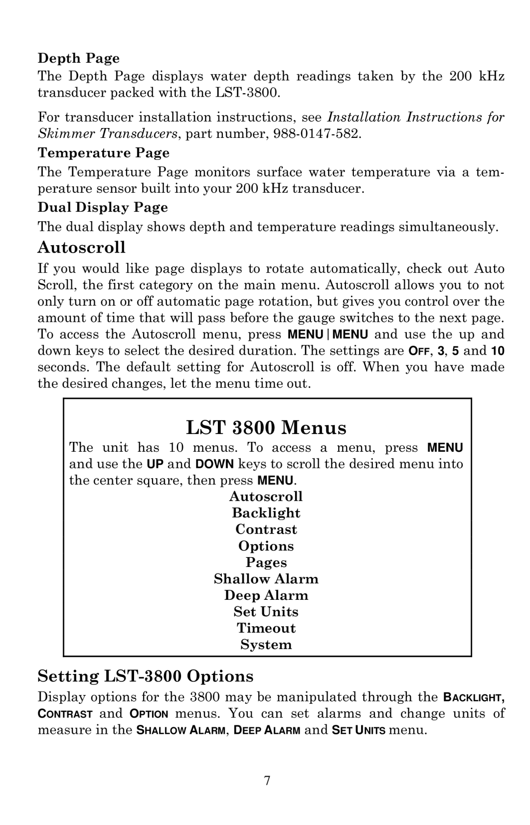 Lowrance electronic dimensions LST 3800 Menus, Autoscroll, Setting LST-3800 Options 