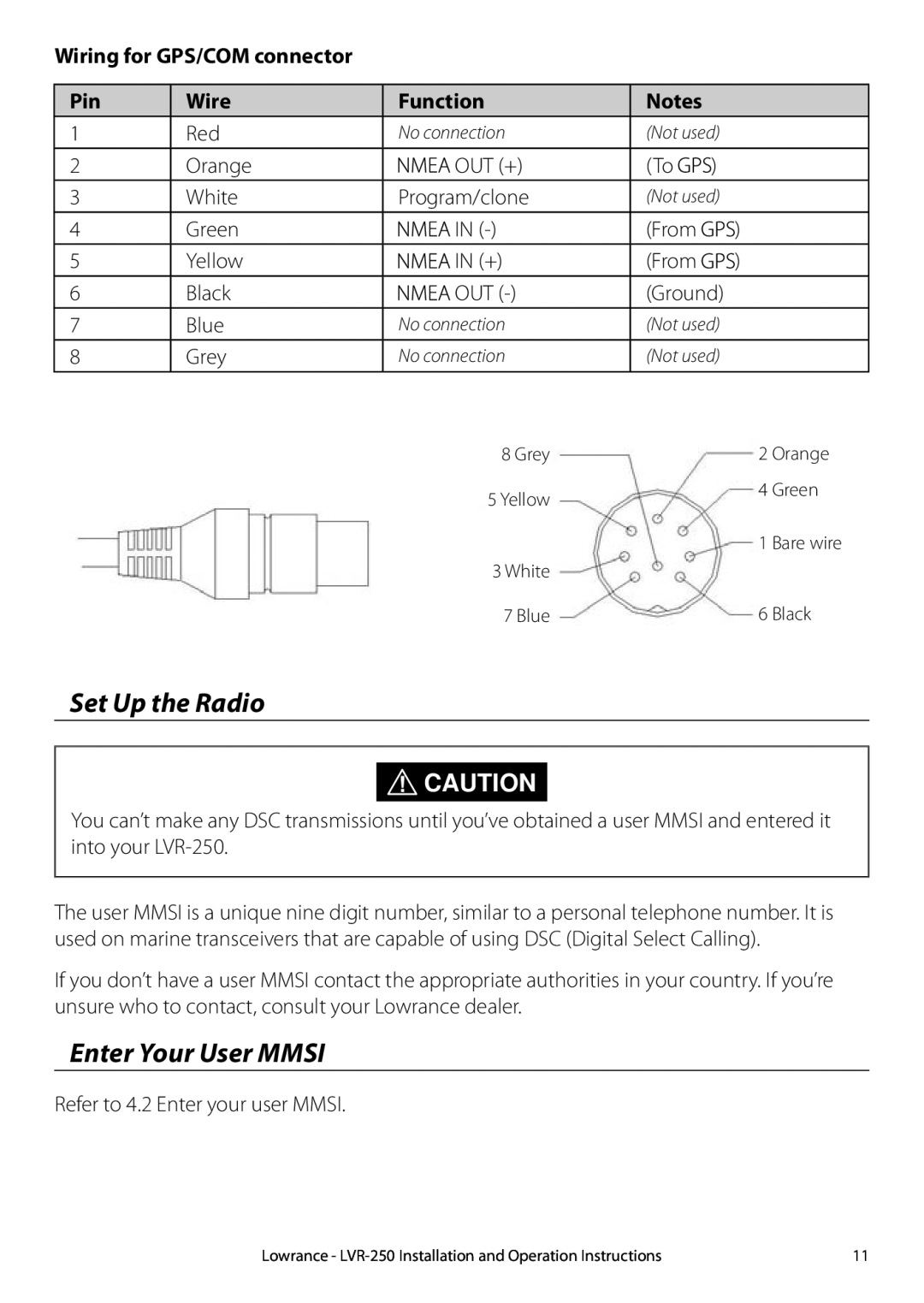 Lowrance electronic LVR-250 manual Set Up the Radio, Enter Your User Mmsi, Wiring for GPS/COM connector Pin Wire Function 