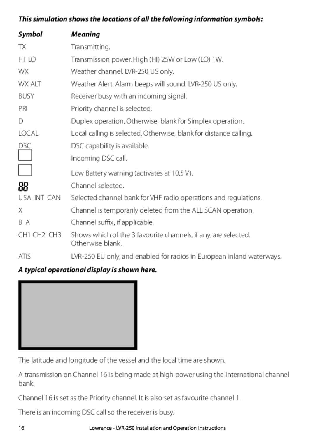 Lowrance electronic LVR-250 manual Symbol Meaning, Typical operational display is shown here 