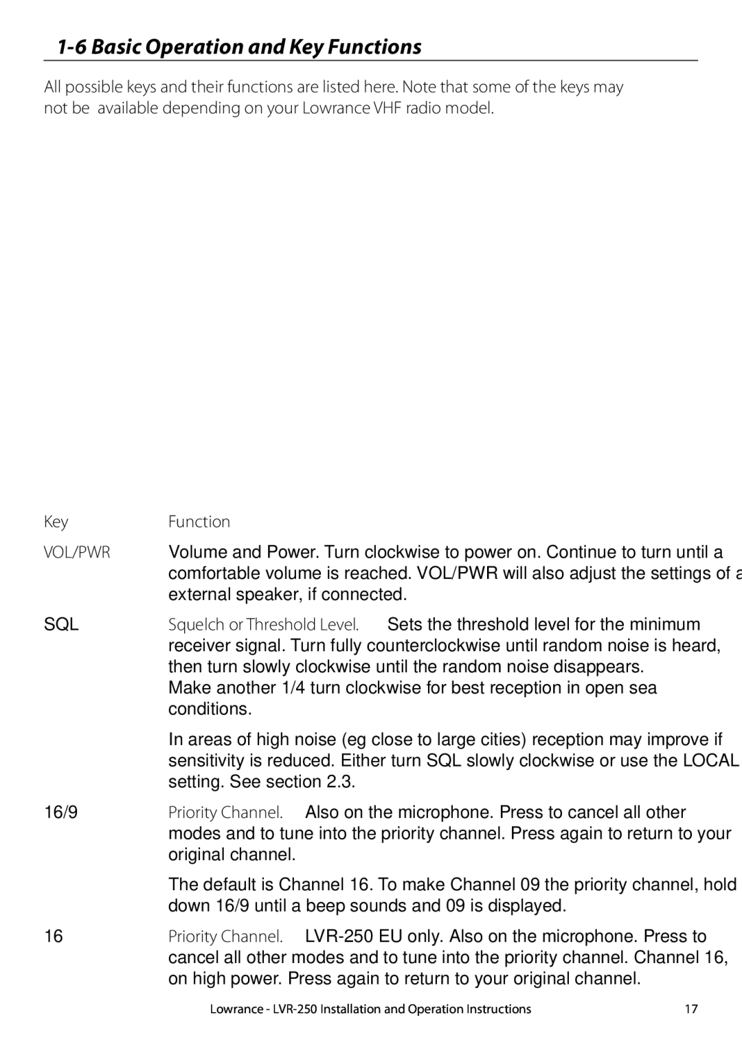 Lowrance electronic LVR-250 manual Basic Operation and Key Functions, Vol/Pwr, Sql 