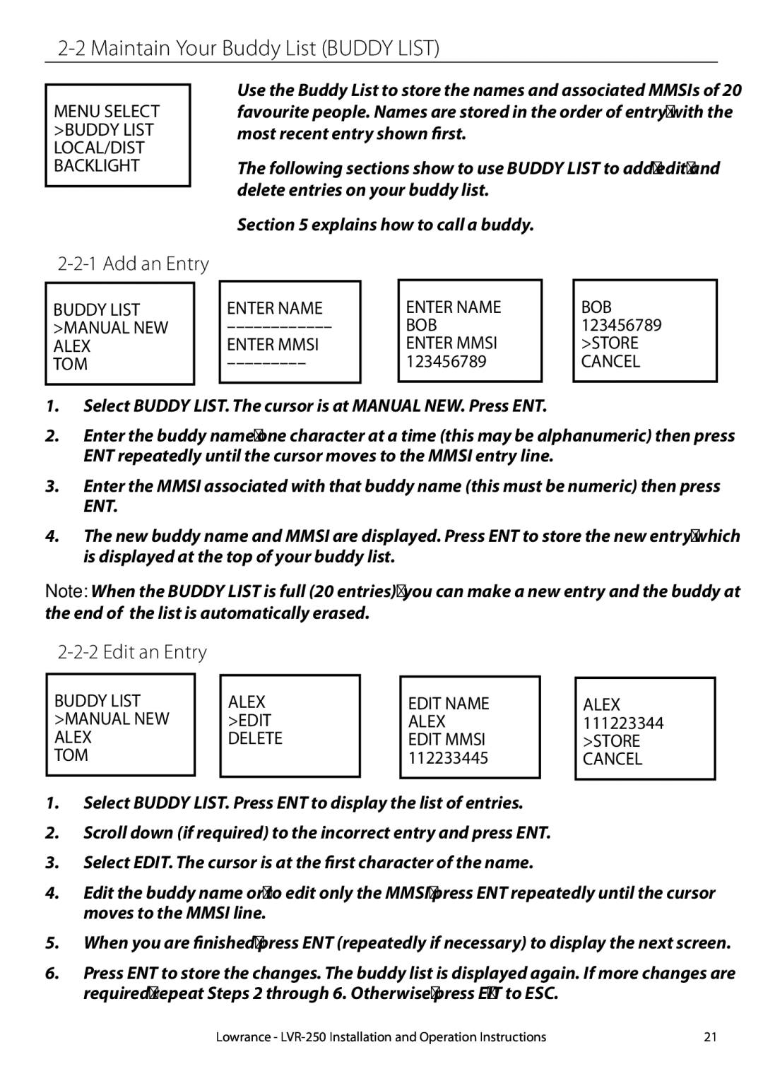 Lowrance electronic LVR-250 manual Maintain Your Buddy List Buddy List, Add an Entry, Edit an Entry 
