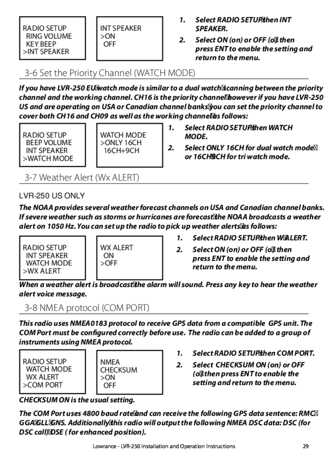 Lowrance electronic LVR-250 manual Set the Priority Channel Watch Mode, Weather Alert Wx Alert, Nmea protocol COM Port 