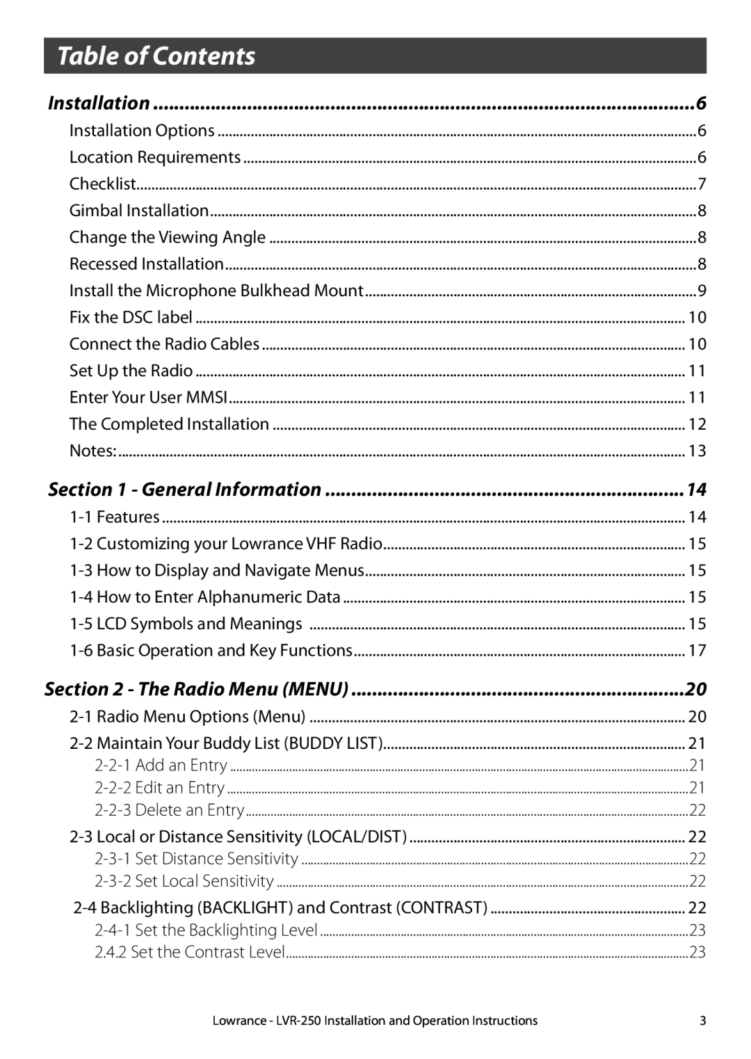 Lowrance electronic LVR-250 manual Table of Contents 