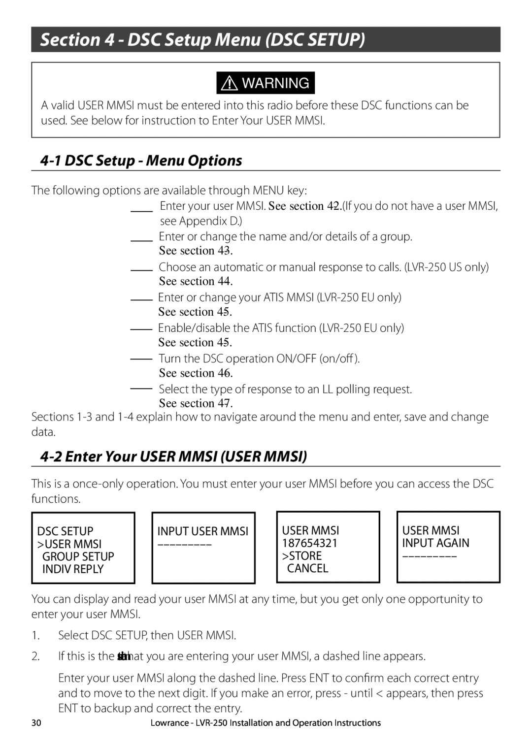 Lowrance electronic LVR-250 manual DSC Setup Menu DSC Setup, DSC Setup Menu Options, Enter Your User Mmsi User Mmsi 