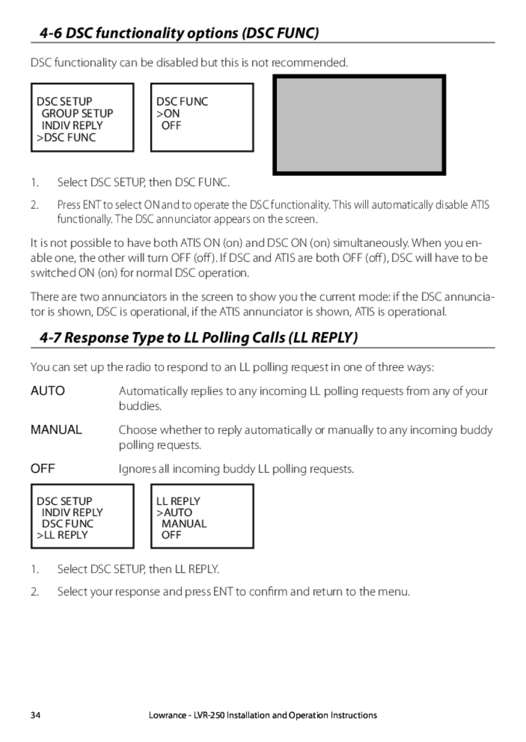 Lowrance electronic LVR-250 DSC functionality options DSC Func, Response Type to LL Polling Calls LL Reply, Auto, Off 