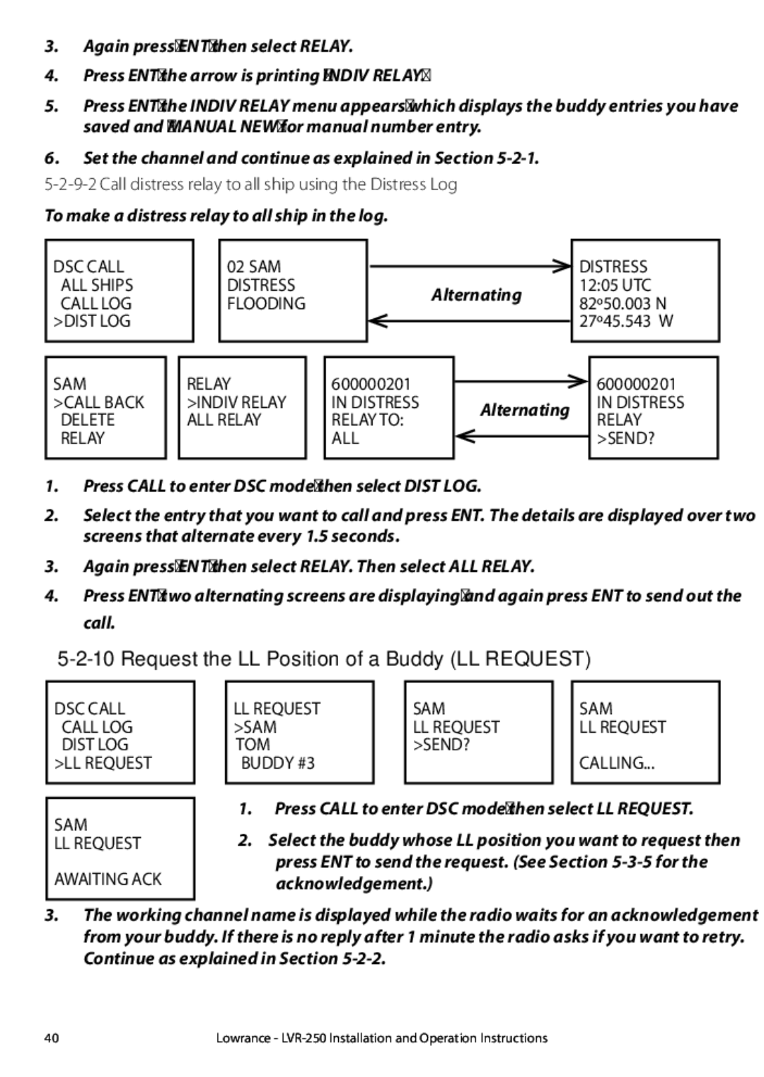 Lowrance electronic LVR-250 Request the LL Position of a Buddy LL Request, ALL Ships Distress Call LOG Flooding Dist LOG 