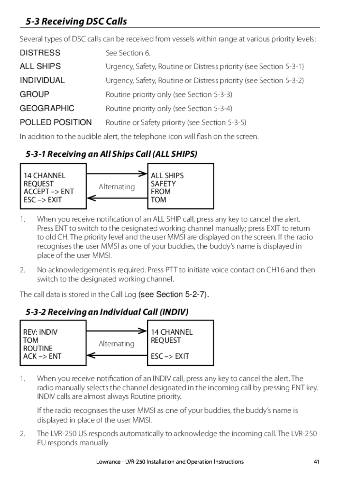 Lowrance electronic LVR-250 Receiving DSC Calls, Receiving an All Ships Call ALL Ships, Receiving an Individual Call Indiv 