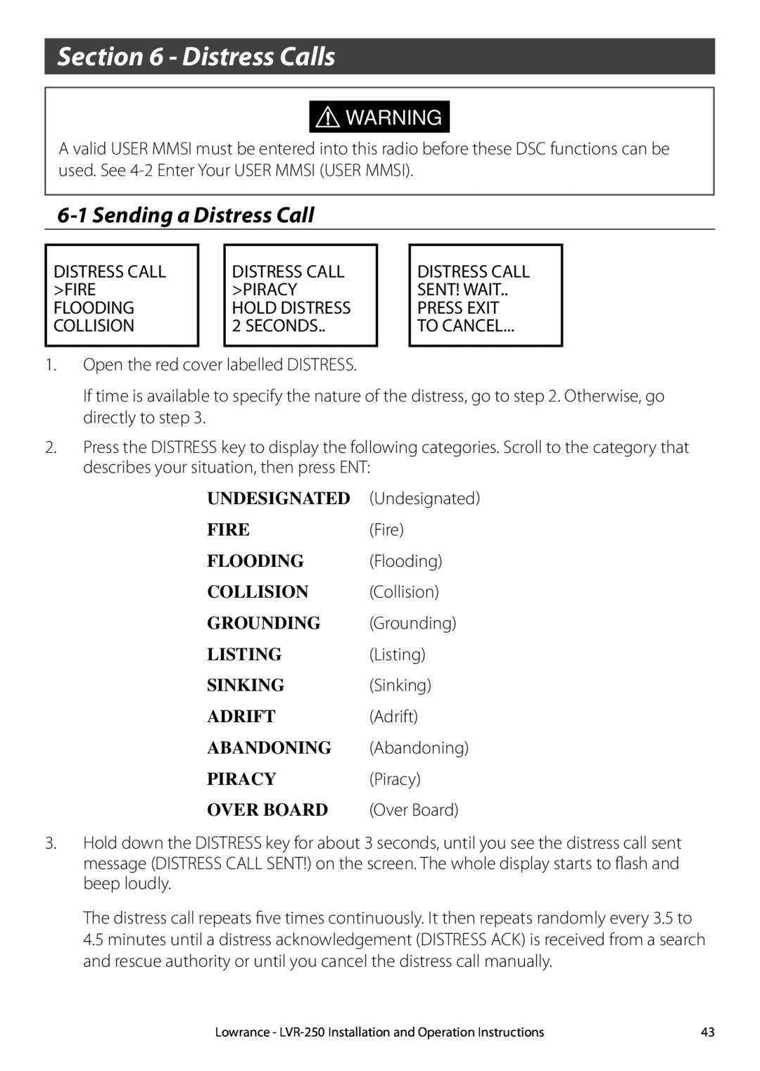 Lowrance electronic LVR-250 manual Distress Calls, Sending a Distress Call 