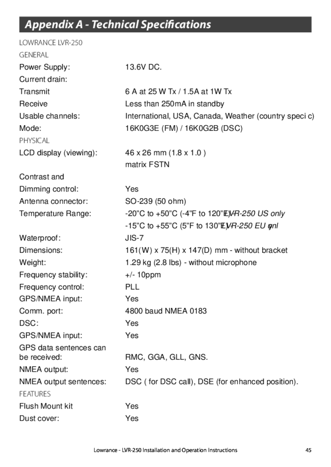 Lowrance electronic manual Appendix a Technical Specifications, Lowrance LVR-250 General, Physical, Features 