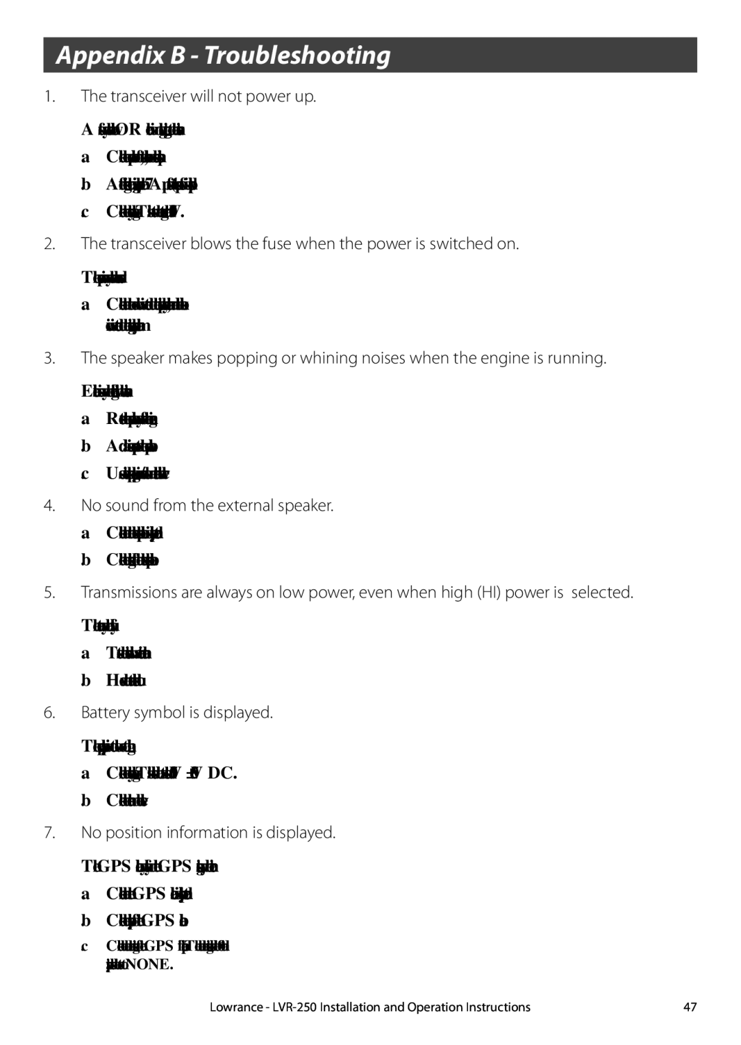 Lowrance electronic LVR-250 Appendix B Troubleshooting, Transceiver will not power up, No sound from the external speaker 