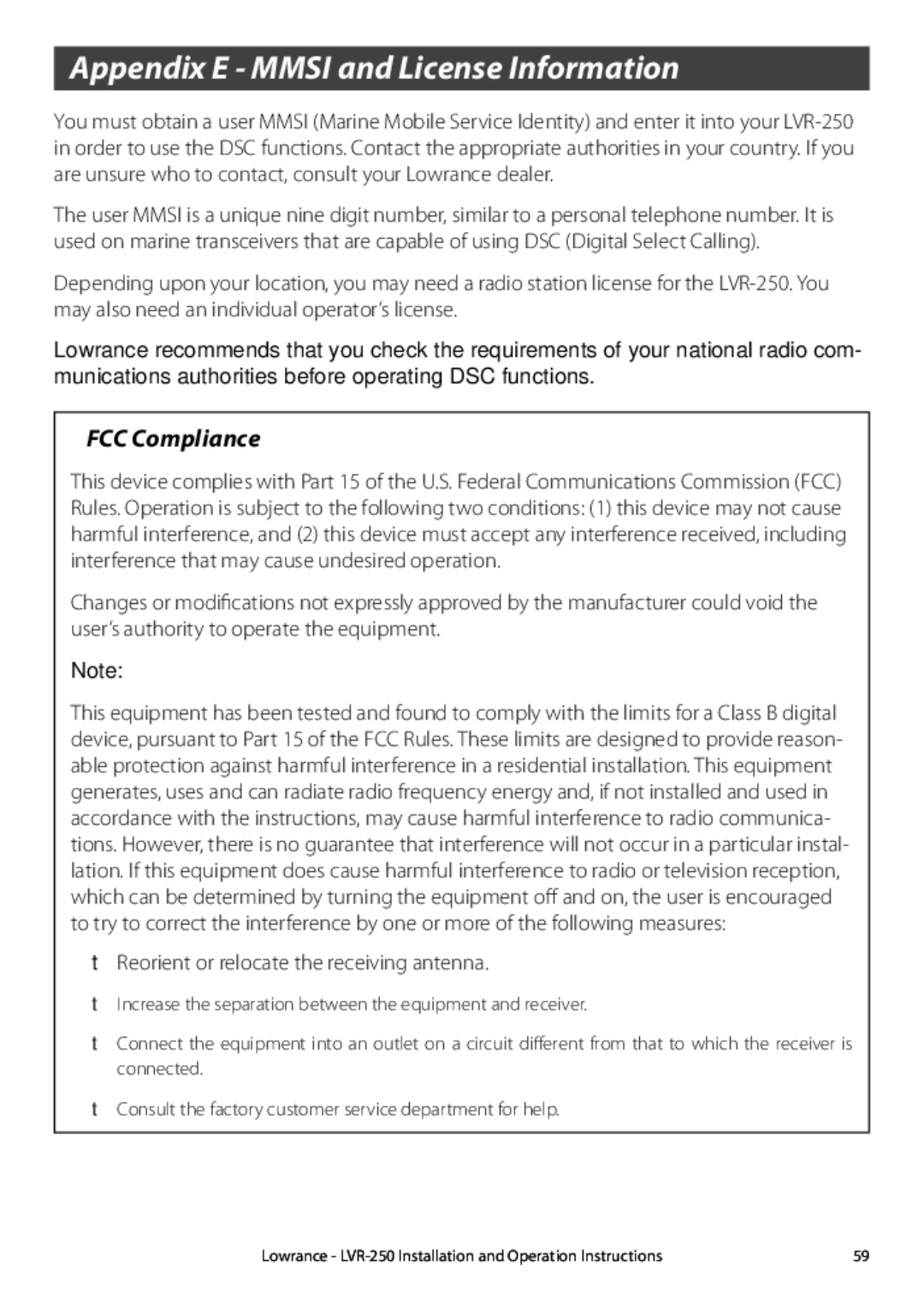 Lowrance electronic LVR-250 manual Appendix E Mmsi and License Information, FCC Compliance 