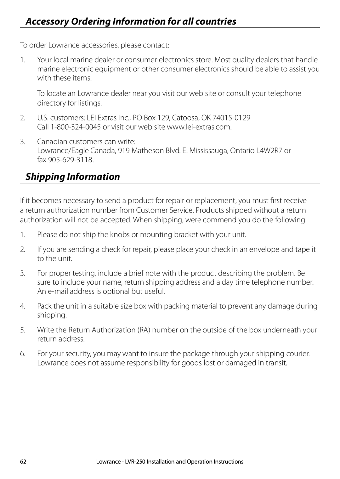 Lowrance electronic LVR-250 manual Accessory Ordering Information for all countries, Shipping Information 