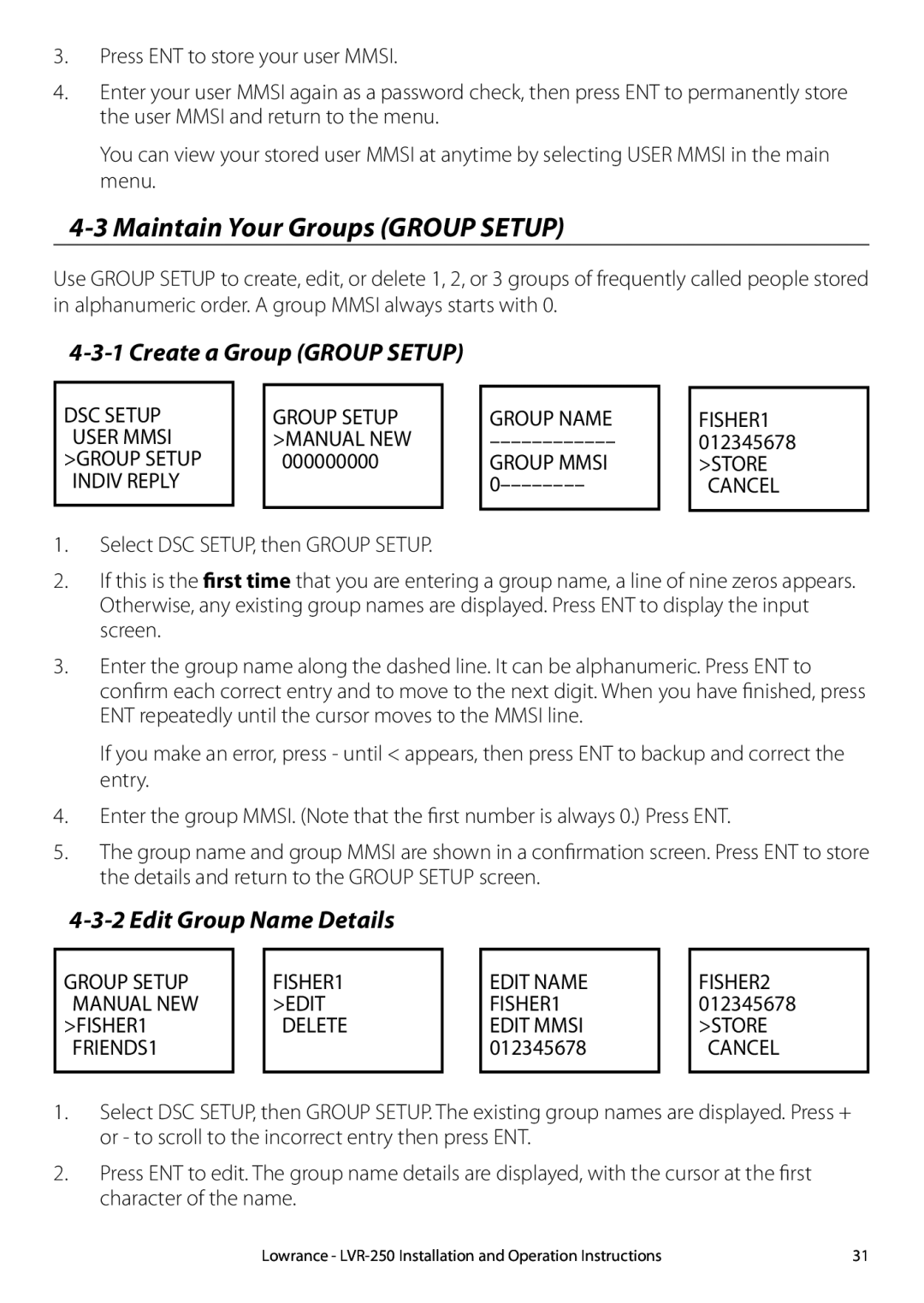 Lowrance electronic LVR-250 manual 4-3Maintain Your Groups GROUP SETUP, 4-3-1Create a Group GROUP SETUP 
