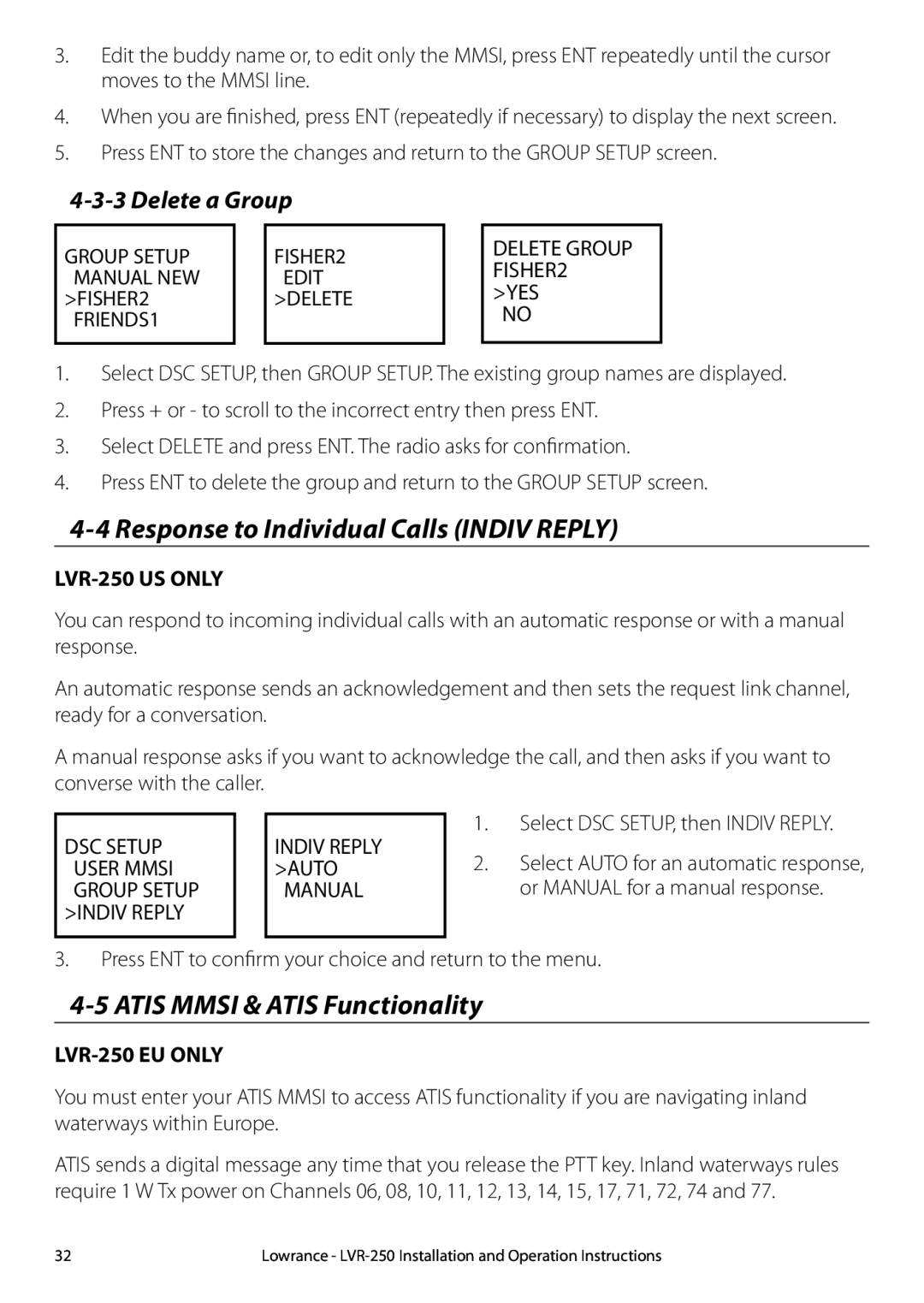 Lowrance electronic LVR-250 manual 4-4Response to Individual Calls INDIV REPLY, 4-5ATIS MMSI & ATIS Functionality 