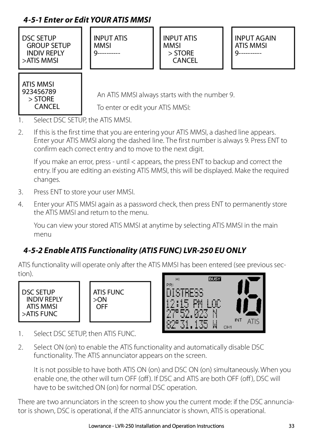 Lowrance electronic LVR-250 manual 4-5-1Enter or Edit YOUR ATIS MMSI 