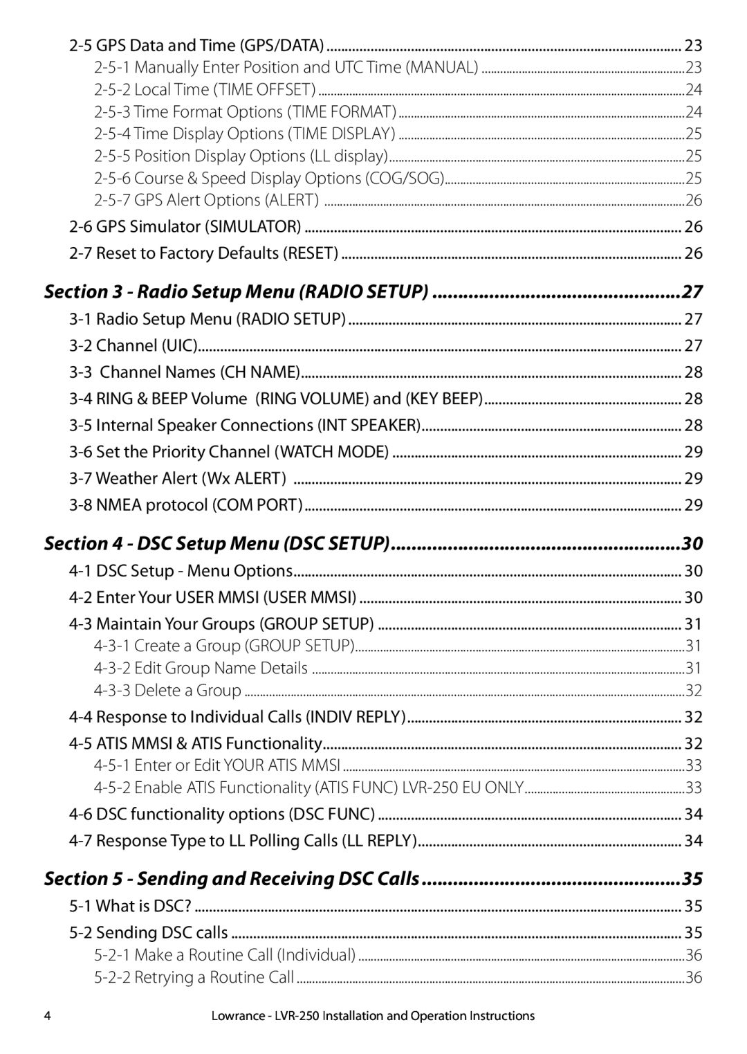 Lowrance electronic LVR-250 manual Radio Setup Menu RADIO SETUP, DSC Setup Menu DSC SETUP, Sending and Receiving DSC Calls 