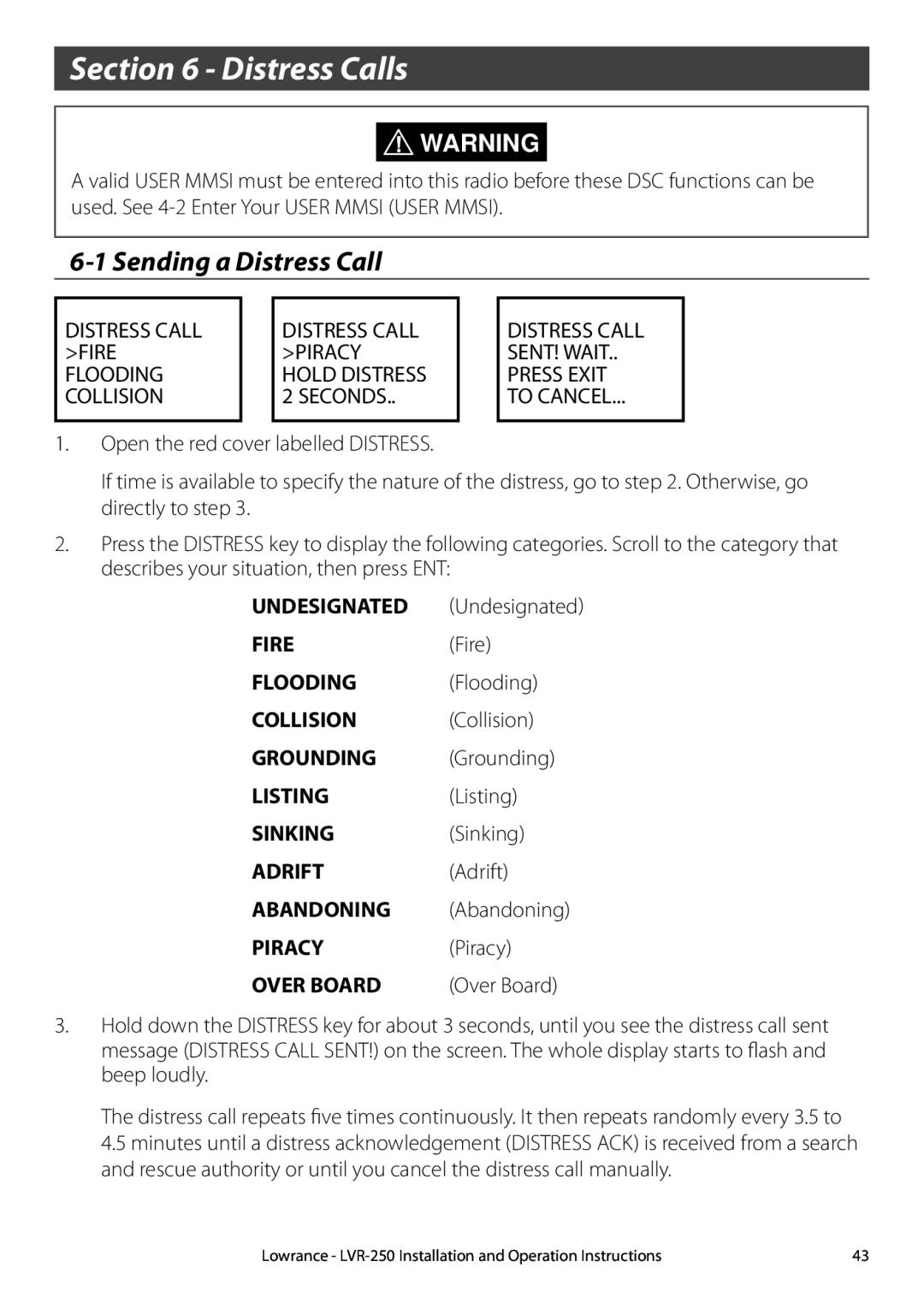 Lowrance electronic LVR-250 manual Distress Calls, 6-1Sending a Distress Call 