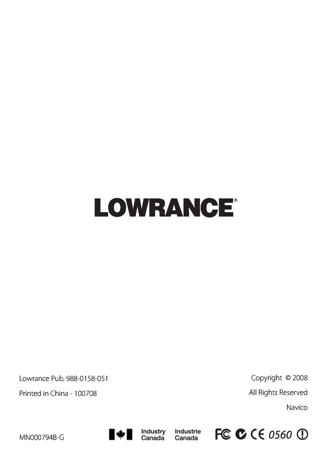 Lowrance electronic LVR-250 manual 0560, Lowrance Pub, Printed in China, Navico, MN000794B-G, Copyright 