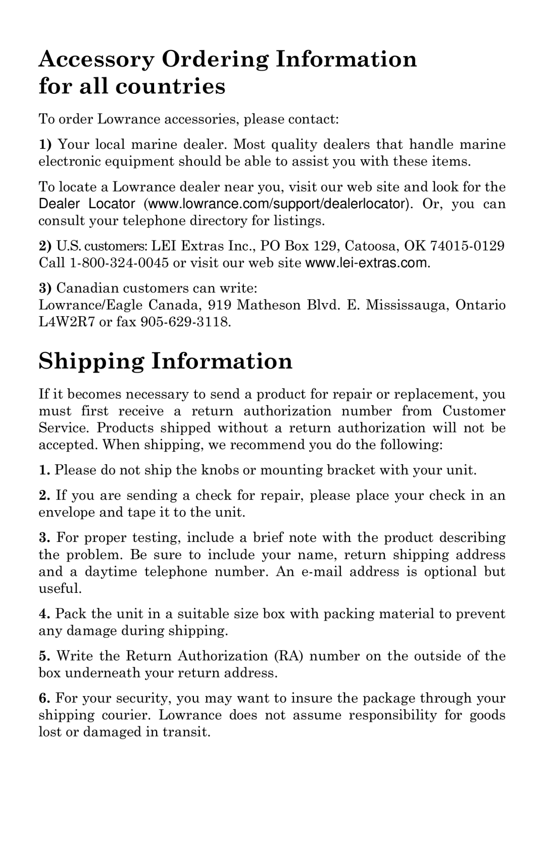 Lowrance electronic LVR-850 manual Accessory Ordering Information for all countries 