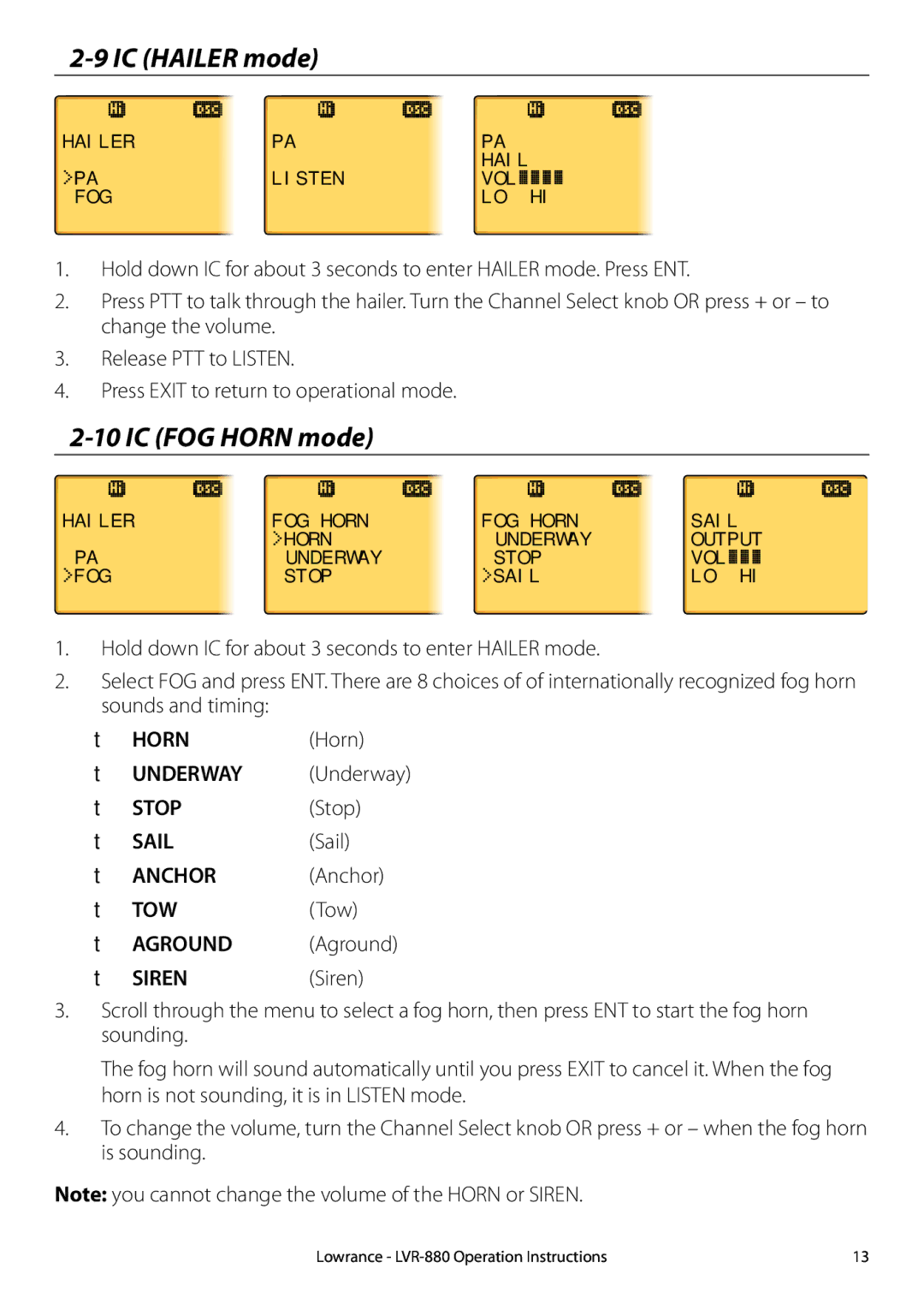 Lowrance electronic LVR-880 EU, LVR-880 US manual IC Hailer mode, IC FOG Horn mode 