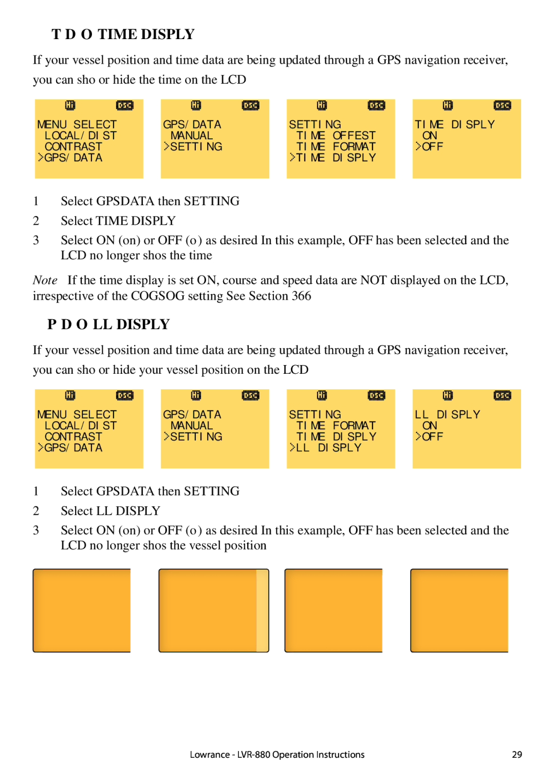 Lowrance electronic LVR-880 EU, LVR-880 US manual Time Display Options Time Disply, Position Display Options LL Disply 