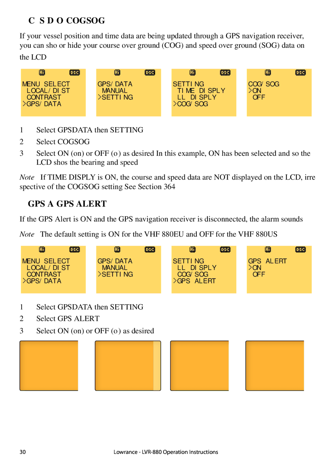 Lowrance electronic LVR-880 US, LVR-880 EU manual Course & Speed Display Options COG/SOG, GPS Alert GPS Alert 