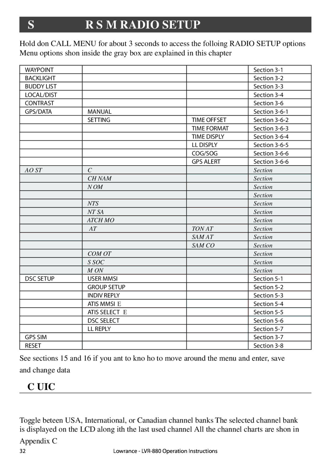 Lowrance electronic LVR-880 US, LVR-880 EU manual Radio Setup Menu Radio Setup, Channel UIC 