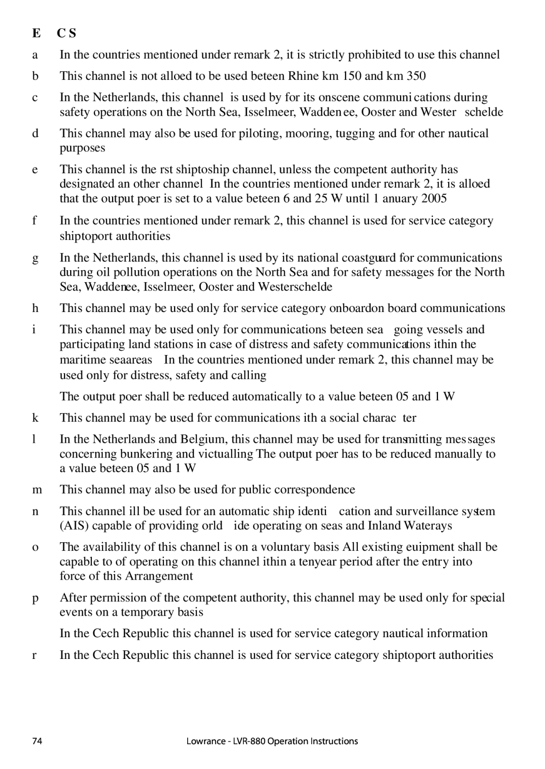 Lowrance electronic LVR-880 US, LVR-880 EU manual Explanation of specific footnotes in Country Specific table 