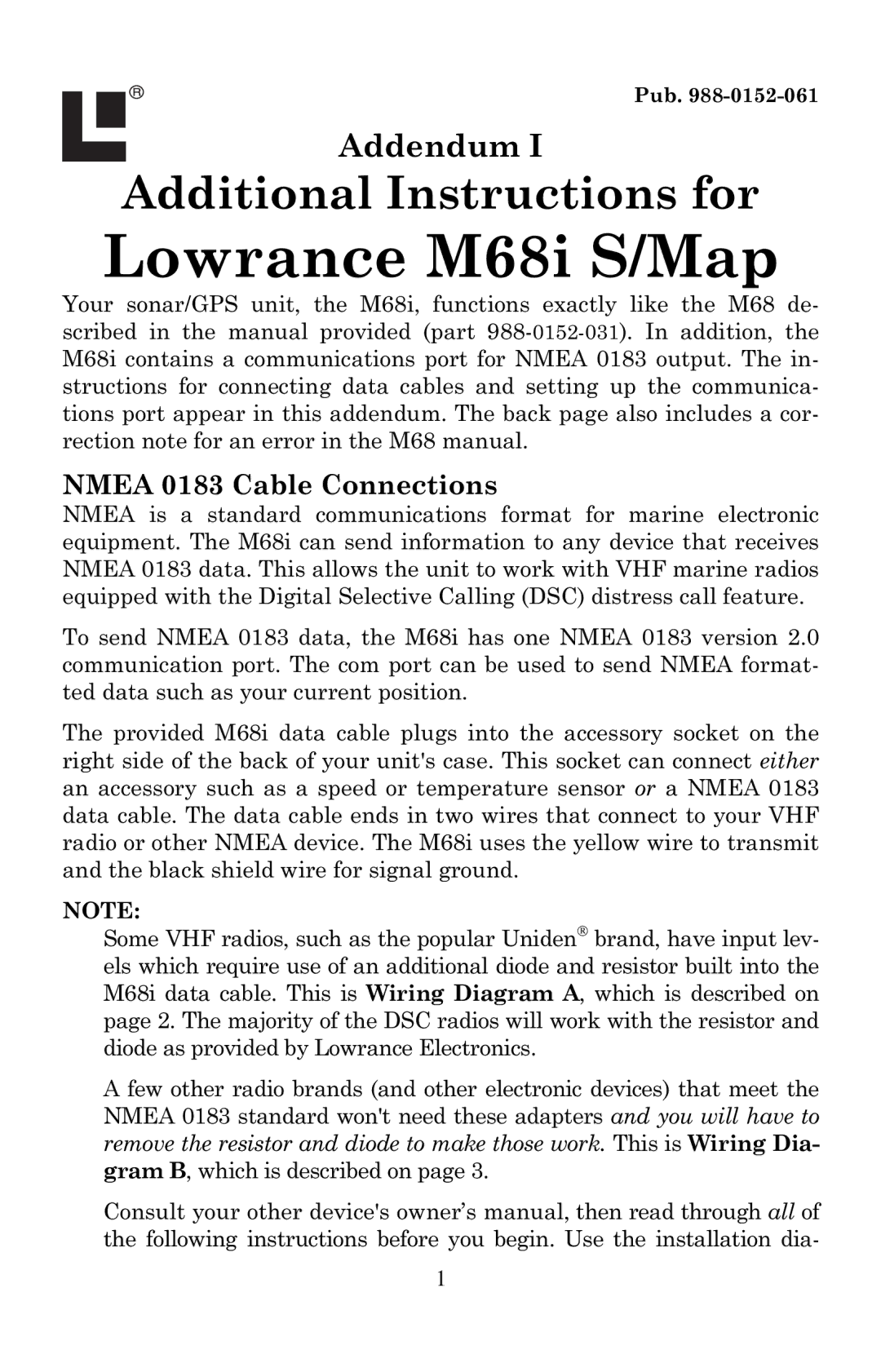 Lowrance electronic M68I owner manual Lowrance M68i S/Map, Nmea 0183 Cable Connections 