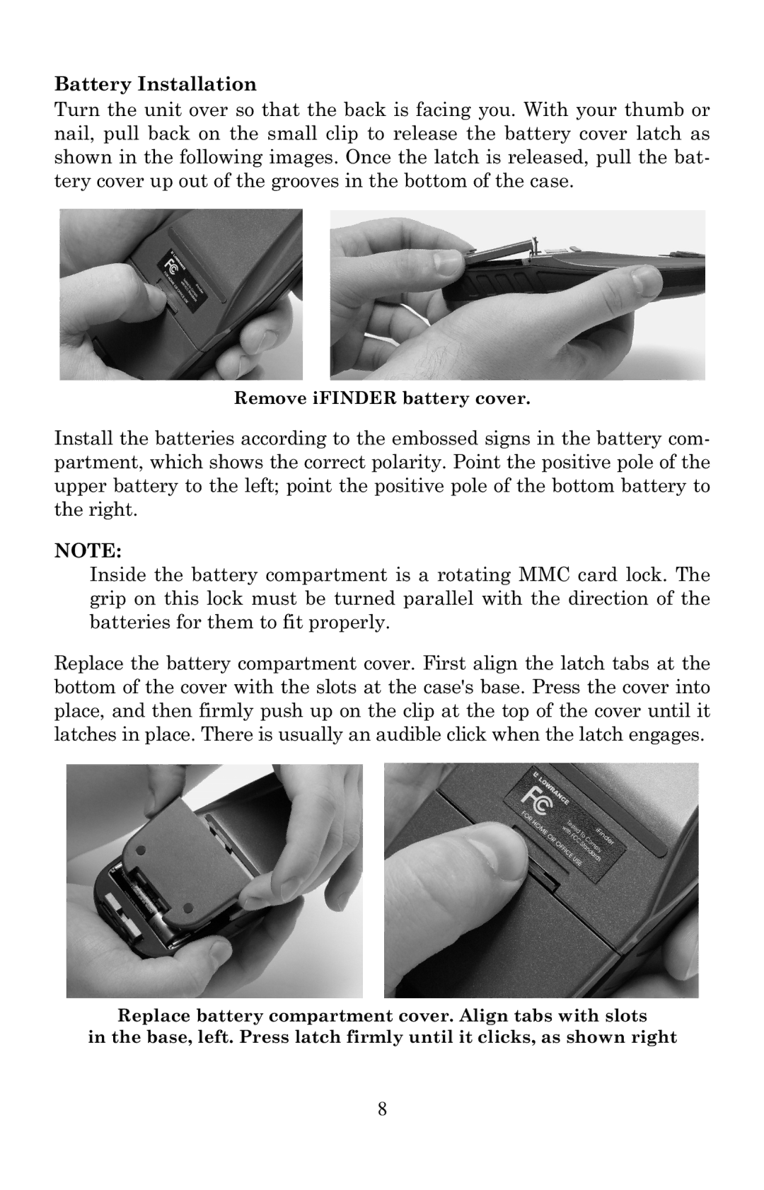 Lowrance electronic Mapping GPS & MP3 Player manual Remove iFINDER battery cover 